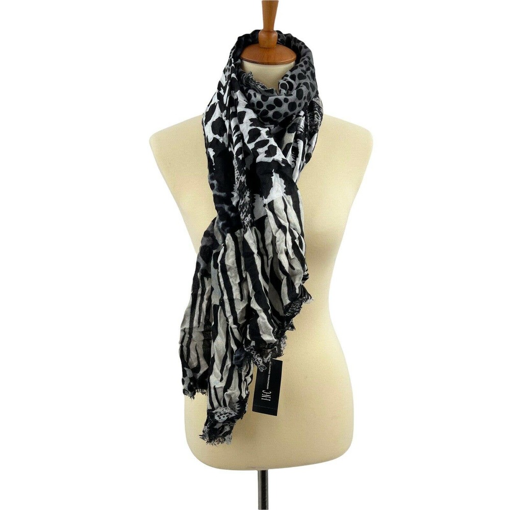INC‎ International Concepts Black Grey Print Scarf New